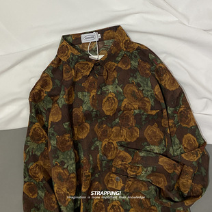 港风复古日系男女痞帅春秋 花衬衫 STRAPPING棕色老式 花卉碎花长袖