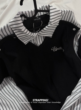 STRAPPING设计感假两件竖条纹长袖衬衫男女日系复古港风潮流街头