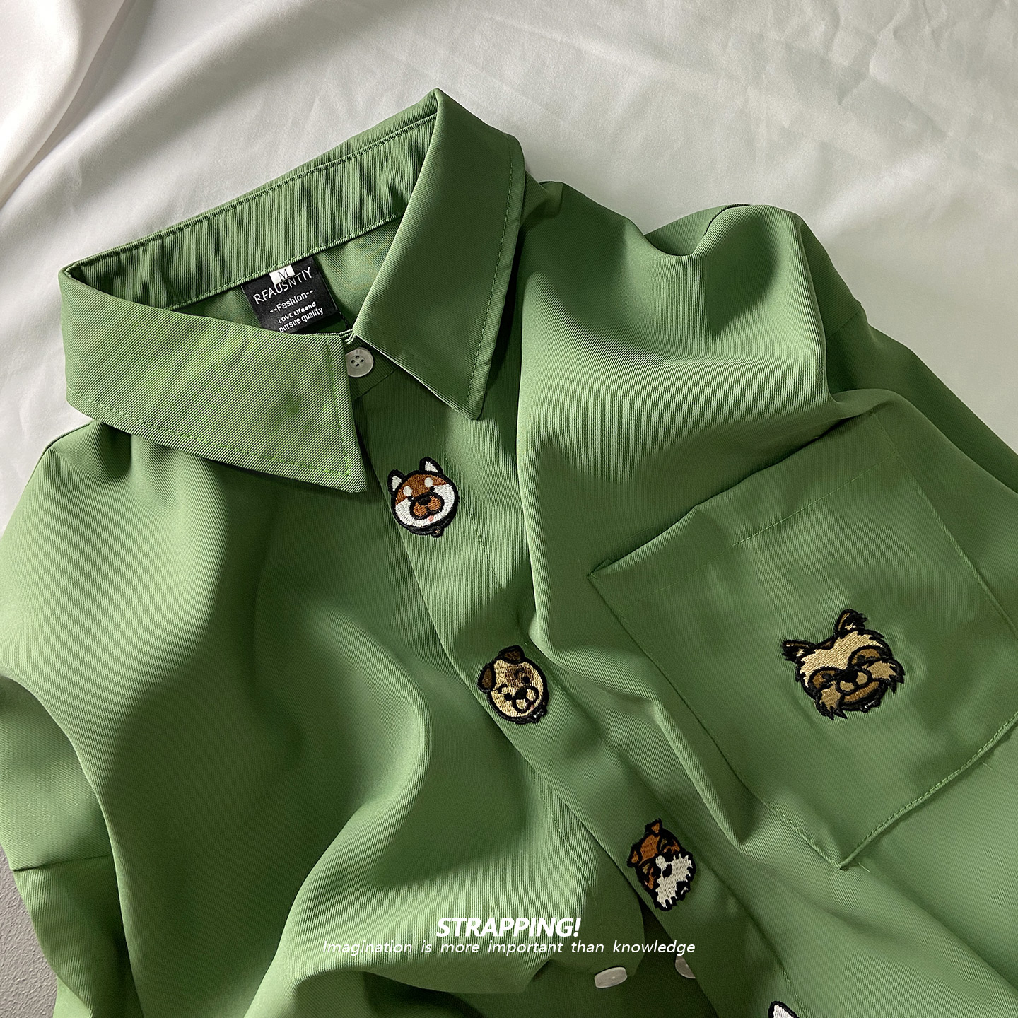 STRAPPING小熊绣花卡通INS涤纶长袖衬衫港风复古日系男女痞帅春秋