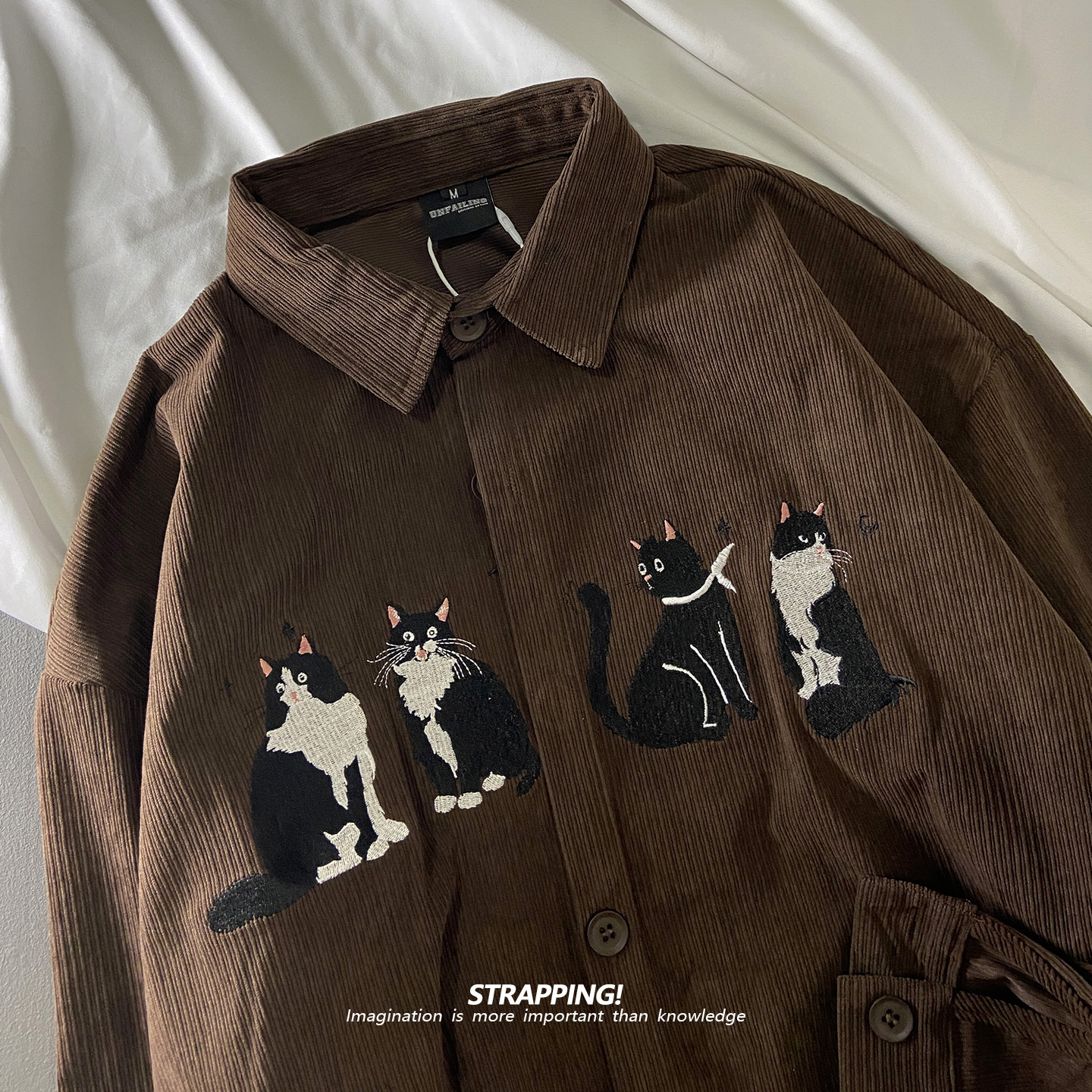 STRAPPING猫咪刺绣灯芯绒涤纶长袖衬衫男女日系复古港风潮流街头