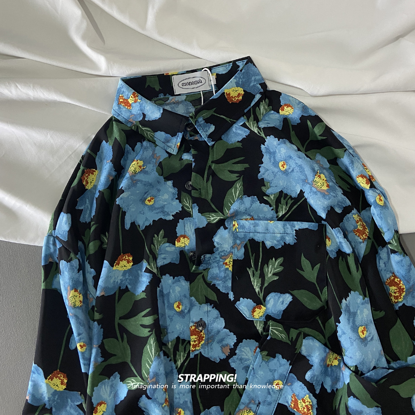 STRAPPING黑底蓝色植物碎花长袖花衬衫港风复古日系男女痞帅春秋