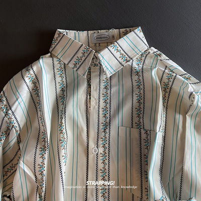 条纹田园涤纶碎花长袖花衬衫