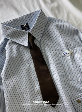 STRAPPING竖条纹领带棉质INS学院风长袖衬衫港风复古日系男女春秋