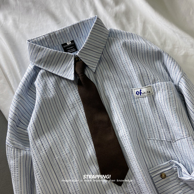 STRAPPING竖条纹领带棉质INS学院风长袖衬衫港风复古日系男女春秋