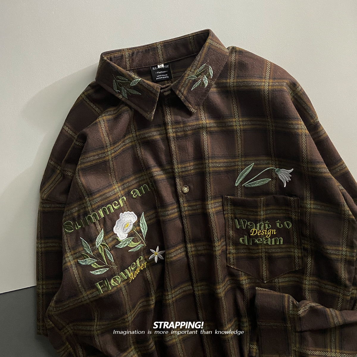 STRAPPING花朵刺绣格子全棉长袖衬衫港风复古日系男女痞帅春秋