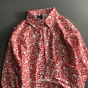 STRAPPING涂鸦祥云线描碎花长袖 港风复古日系男女痞帅春秋 花衬衫