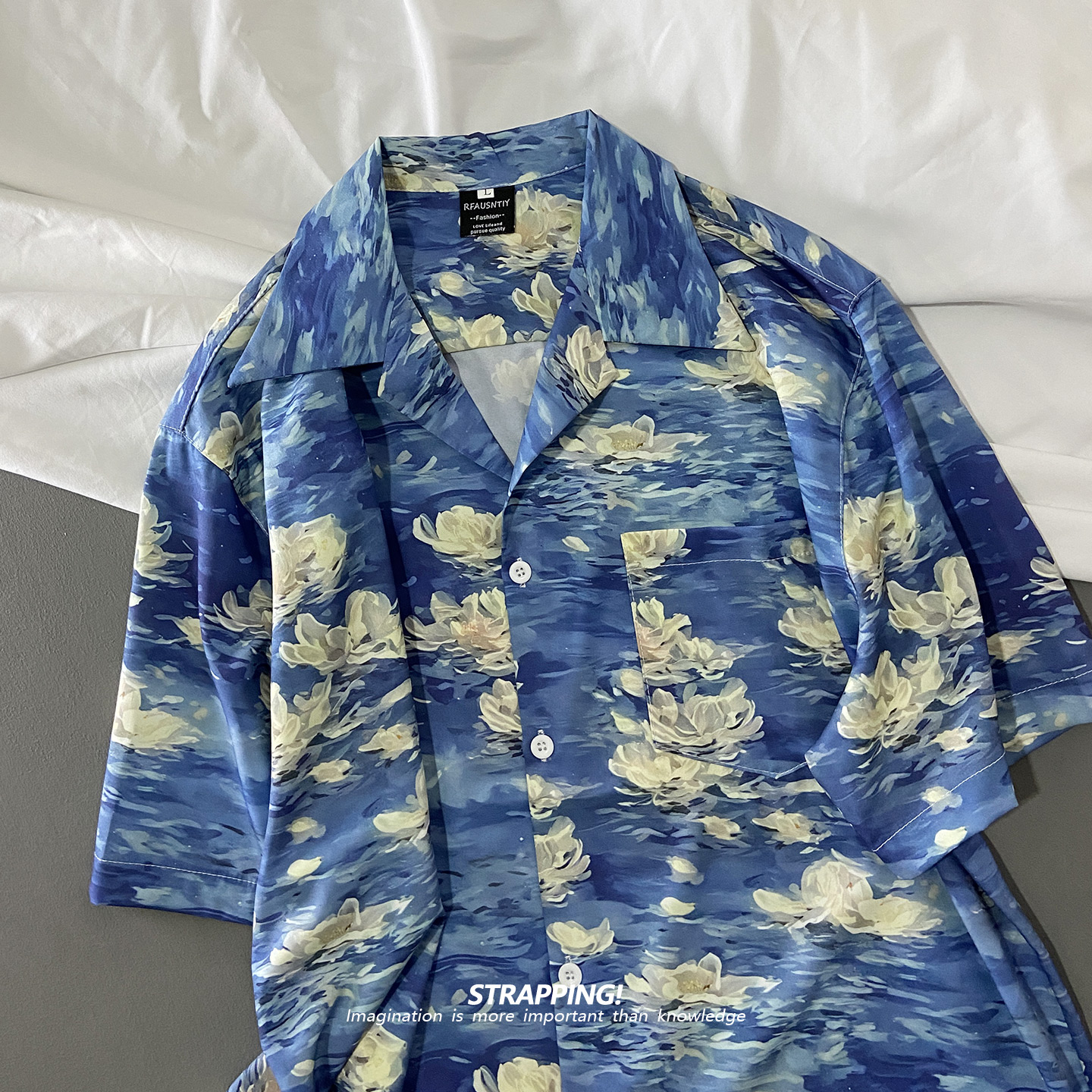 STRAPPING蓝色印象荷花古巴领短袖花衬衫男女夏威夷日系复古
