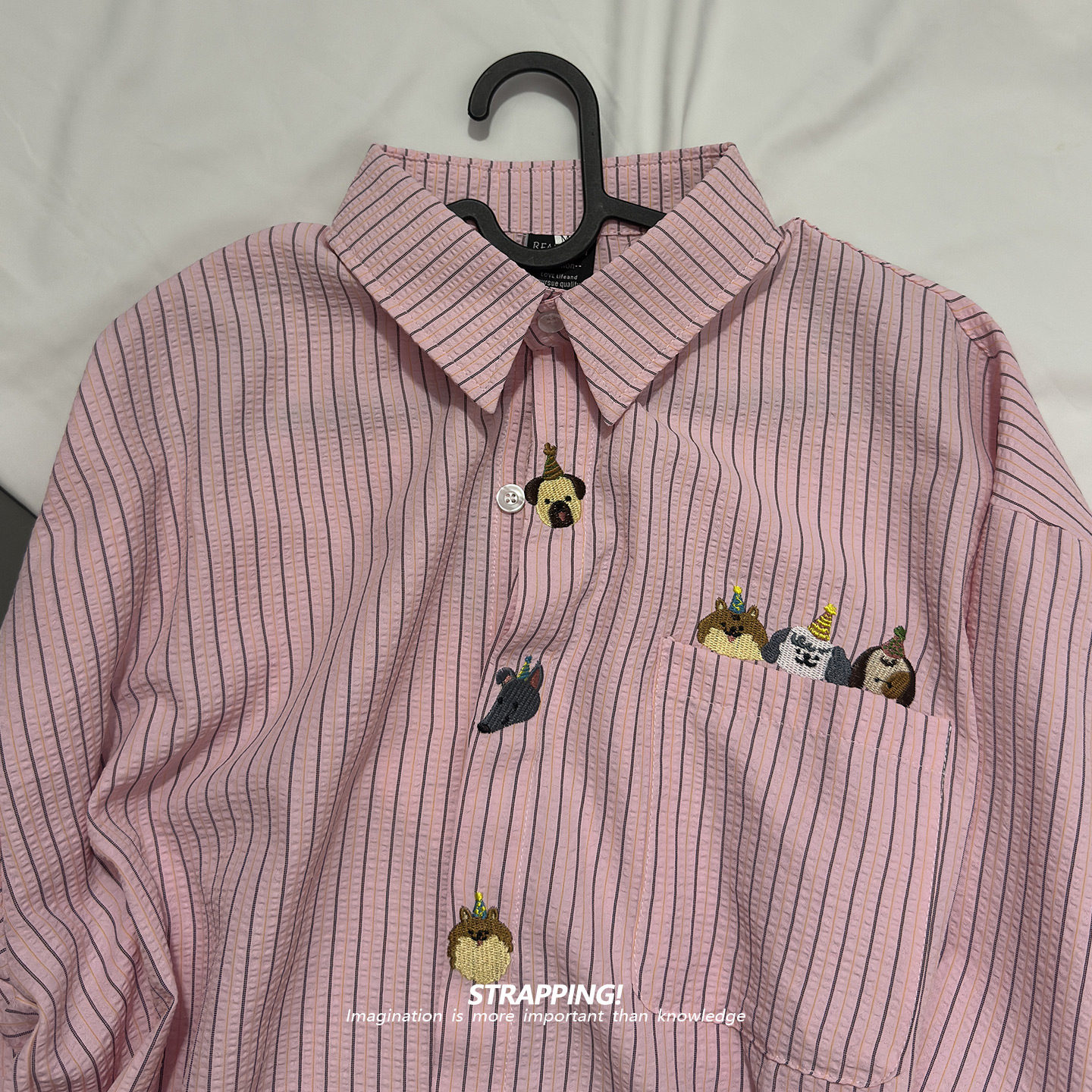 STRAPPING小狗派对卡通刺绣竖条纹长袖衬衫港风复古日系男女春秋