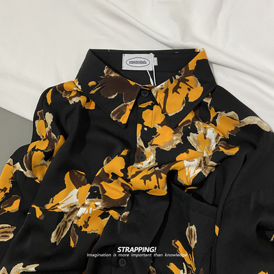 STRAPPING黑底印象黄色碎花短袖花衬衫男女夏威夷泰国复古日系