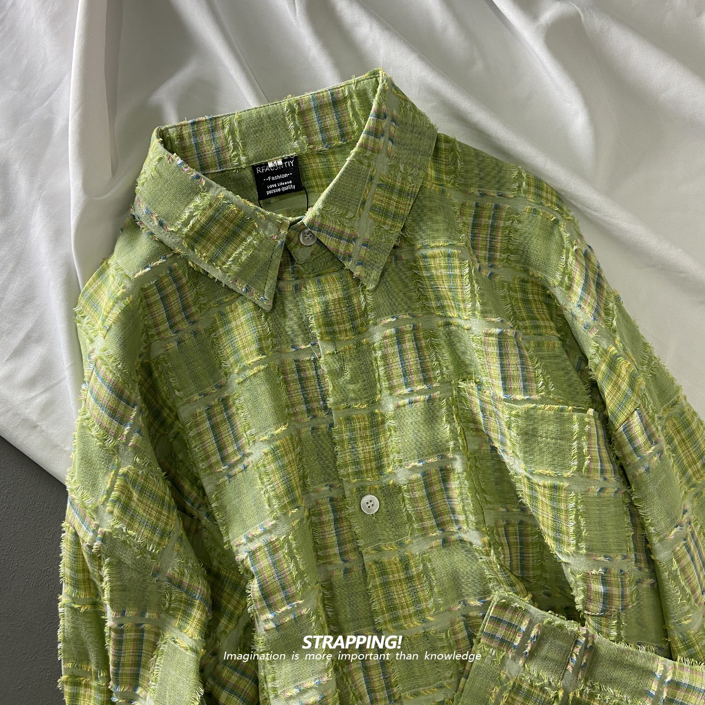 STRAPPING流苏格子草绿INS全棉长袖衬衫港风复古日系男女春秋