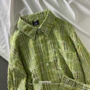 STRAPPING流苏格子草绿INS全棉长袖 港风复古日系男女春秋 衬衫