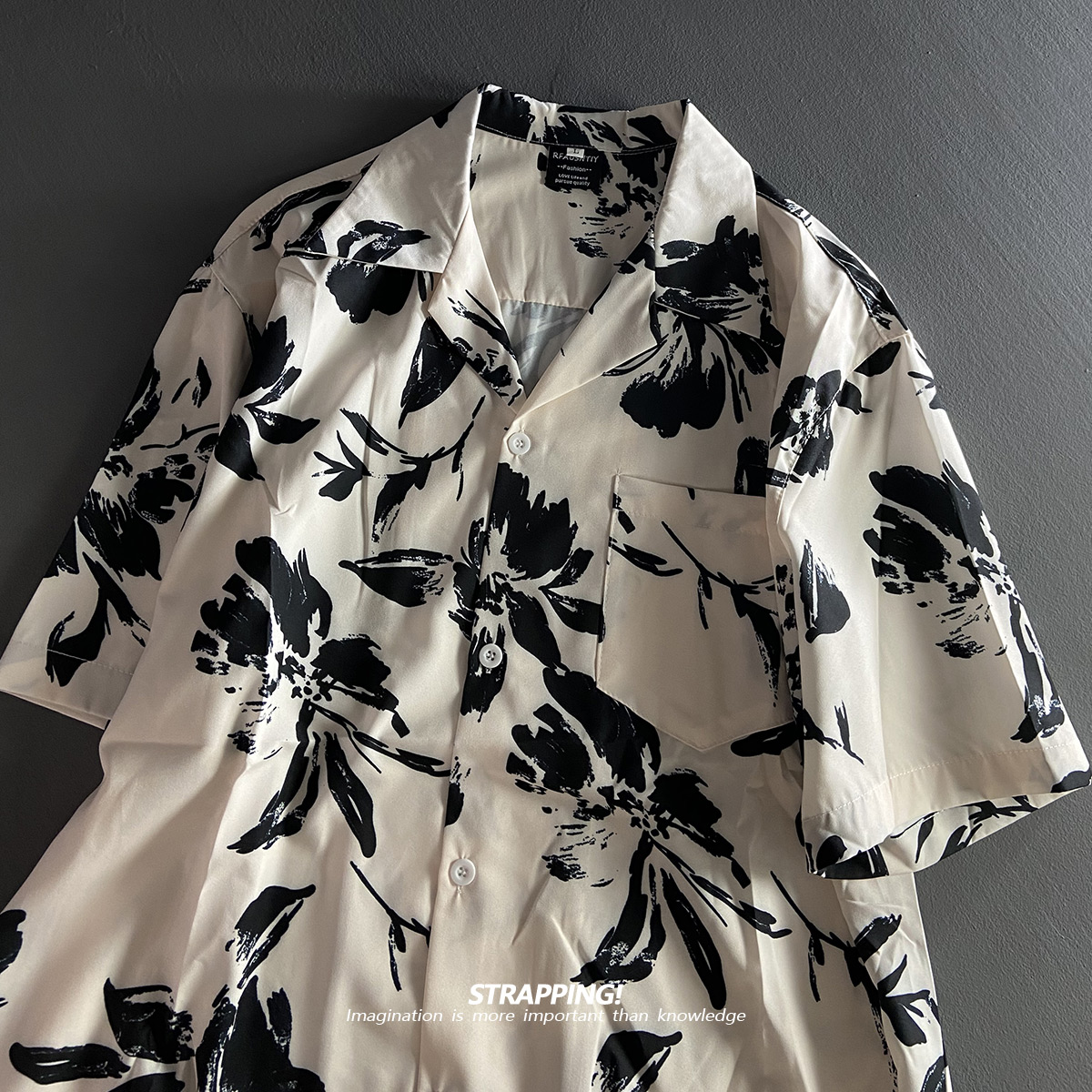 STRAPPING杏色水墨花卉古巴领短袖花衬衫男女夏威夷日系复古港风