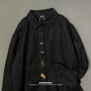 STRAPPING设计感刺绣抽象图案长袖全棉衬衫日系复古男女INS街头潮