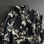 港风复古日系男女痞帅秋季 STRAPPING黑底印象花卉碎花长袖 花衬衫
