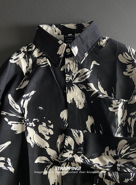 STRAPPING黑底印象花卉碎花长袖花衬衫港风复古日系男女痞帅秋季