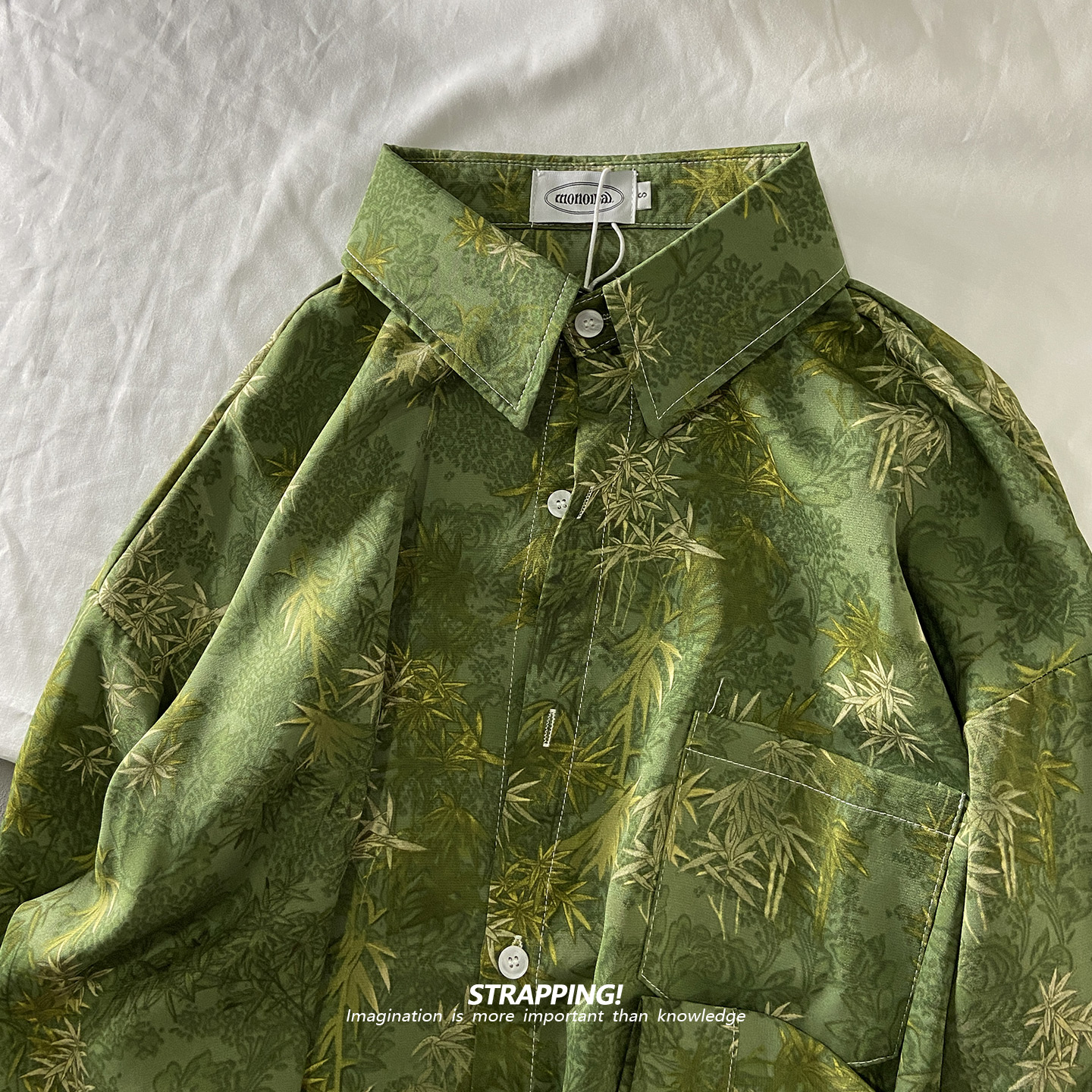 STRAPPING绿色田园竹林碎花长袖花衬衫港风复古日系男女痞帅春秋