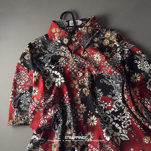 STRAPPING红底线描腰果花碎花短袖花衬衫男女夏威夷泰国复古日系