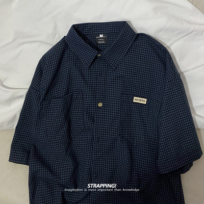 STRAPPING深蓝小格子全棉复古夏季短袖衬衫男女日系INS港风