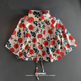 STRAPPING红色花卉 女士花衬衫短袖露脐绑带港风夏威夷碎花日系