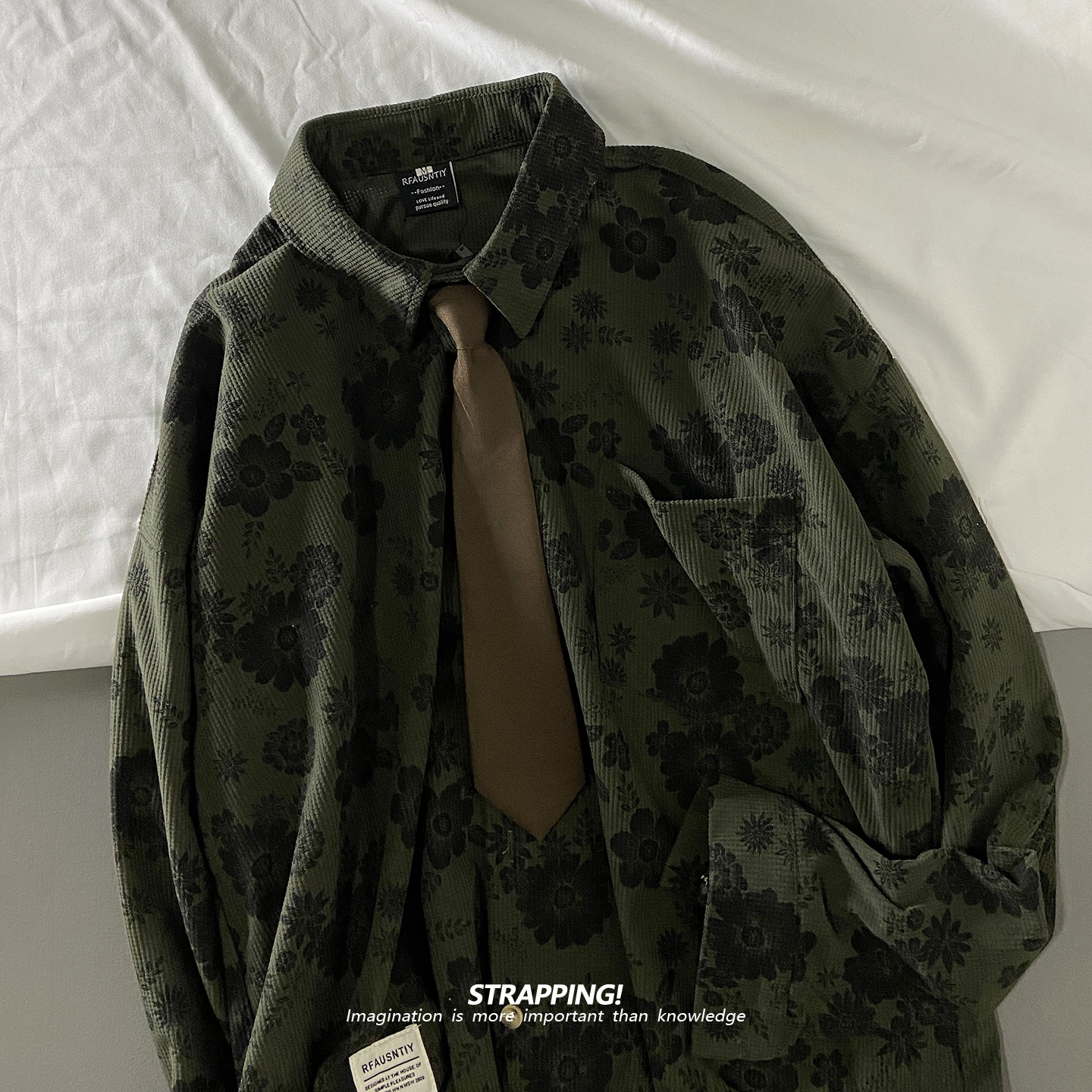 STRAPPING墨绿田园花朵领带长袖花衬衫港风复古日系男女痞帅秋