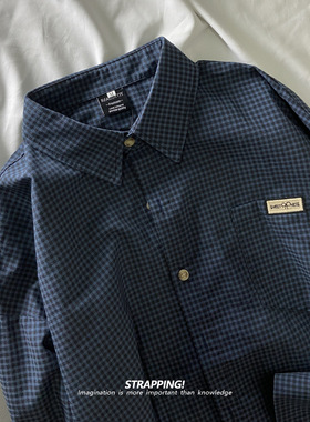 STRAPPING深蓝小格子INS全棉咔叽长袖衬衫港风复古日系男女春秋