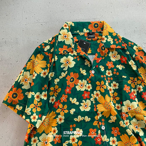 STRAPPING京都绿花卉短袖花衬衫