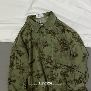STRAPPING墨绿田园植物碎花长袖花衬衫港风复古日系男女痞帅春秋