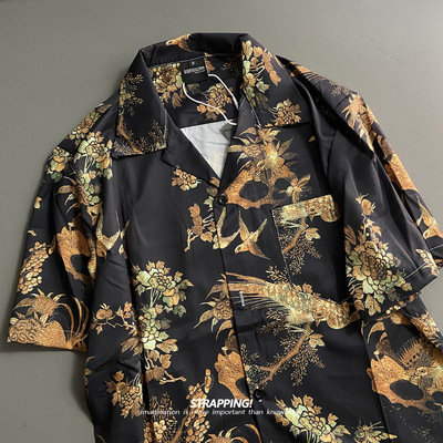 STRAPPING黑底凤凰植物碎花古巴领短袖花衬衫男女日系复古夏威夷