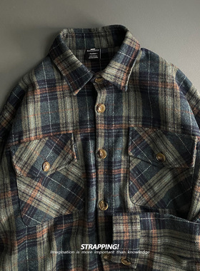 STRAPPING墨绿格子口袋呢子夹克外套港风复古日系男女痞帅秋潮牌