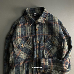 STRAPPING墨绿格子口袋呢子夹克外套港风复古日系男女痞帅秋潮牌