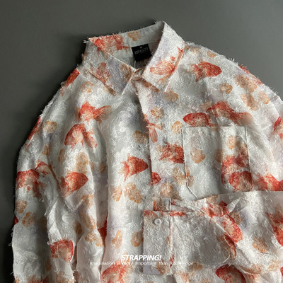 STRAPPING金鱼印象提花勾线长袖花衬衫韩版复古日系男女春秋