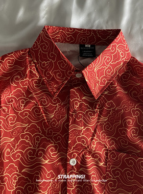 STRAPPING祥云中国红碎花长袖花衬衫港风复古日系男女新年春秋