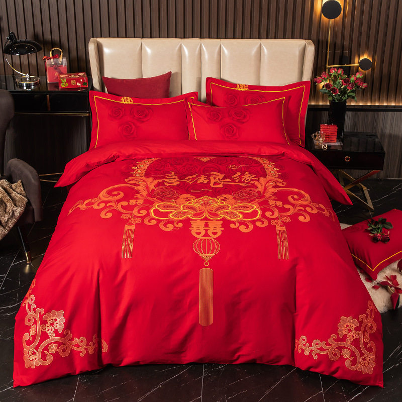 COTTON WEDDING FOUR-PIECE SET BIG RED BRUSHED WEDDING BEDDING 2022 COTTON DRAGON AND PHOENIX WEDDING BEDDING 4-PIECE SET