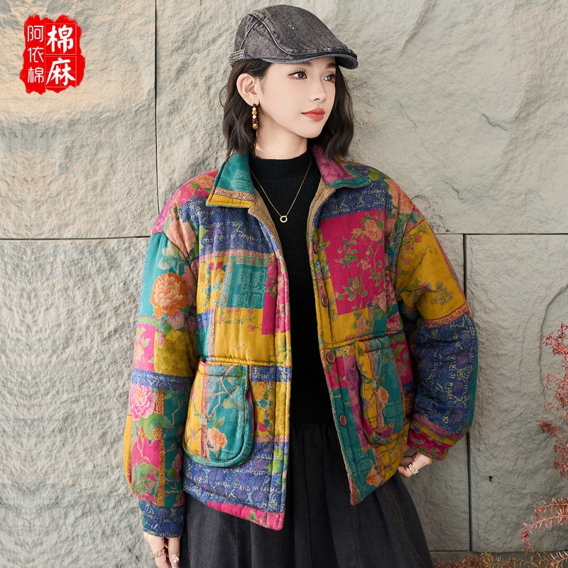 复古印花翻领棉服女宽松夹棉保暖花色棉衣洋气百搭减龄秋冬棉外套,女装/女士精品,棉衣/棉服,淘宝优惠券,粉丝福利购,淘宝优惠卷