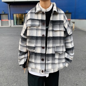 2021格子加厚呢子大衣港风宽松呢料夹克情侣短款风衣外套J509-P90图片