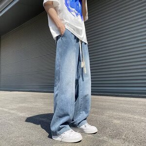 2023春季美式牛仔裤慵懒复古水洗男拉链宽松直筒长裤潮nk688 p45图片