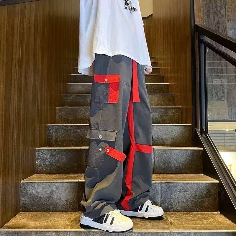 欧美街头风工装裤时尚个性铆钉直筒裤男拼接宽松休闲裤潮k016 p45图片