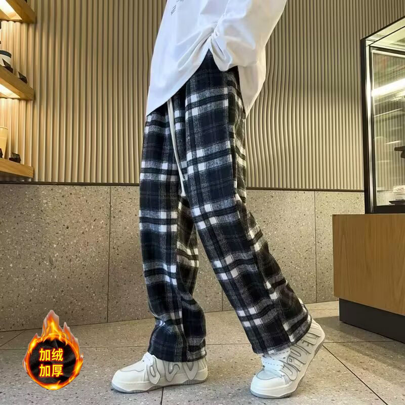 毛呢格子裤子男秋冬高腰垂感休闲直筒加绒阔腿裤hk922p60,男装休闲裤,星座204-6