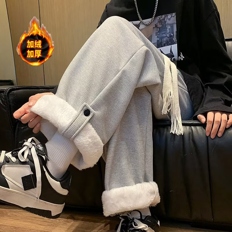 羊羔绒男冬季加绒华夫格运动裤卷边裤脚直筒休闲裤hk40p45,男装休闲裤,星座204-6