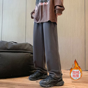 冬季纯色加绒百搭直筒重磅情侣卫裤男抽绳休闲运动裤潮hk14 p45图片