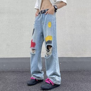 夏季涂鸦洗水破洞牛仔裤男女阔腿裤拖地裤直筒裤nk106 p50图片