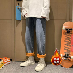 加绒加厚牛仔裤男直筒宽松老爹长裤秋冬休闲韩版保暖裤hnk824 p55图片