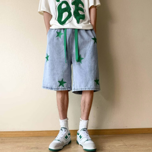 刺绣牛仔短裤男2023夏季水洗宽松美式炸街五分裤dk000p40,6月草原旅游穿搭图片