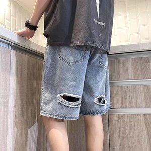 破洞牛仔短裤男2024夏季水洗宽松美式炸街五分裤潮dk2102 p40图片