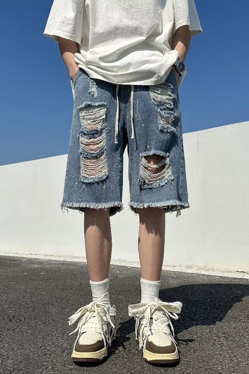 破洞牛仔短裤男2024夏季水洗宽松美式炸街毛边五分裤dk879p35,男装牛仔裤,星座204-6