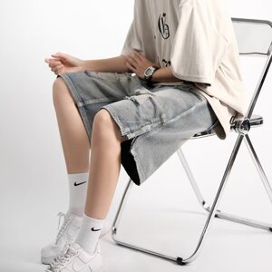 夏季文艺牛仔短裤简约五分裤男直筒日系破洞拉链短裤潮dk5581 p45图片