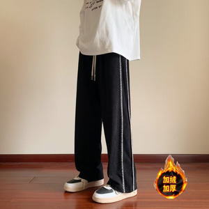 男冬季拼条卫裤宽松直筒运动裤加绒灯芯绒休闲裤hk937 p50图片