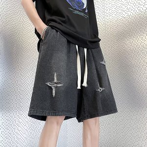 夏季破洞牛仔短裤男潮牌直筒宽松潮百搭港风五分裤dk34 p40图片