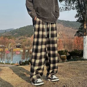 春季男休闲裤格子慵懒气质潮百搭流行宽松毛呢裤k8700 p45图片