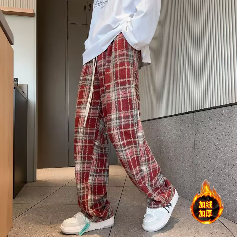 毛呢格子裤男秋冬高腰垂感休闲直筒加绒阔腿裤潮hk923p60,男装休闲裤,星座204-6